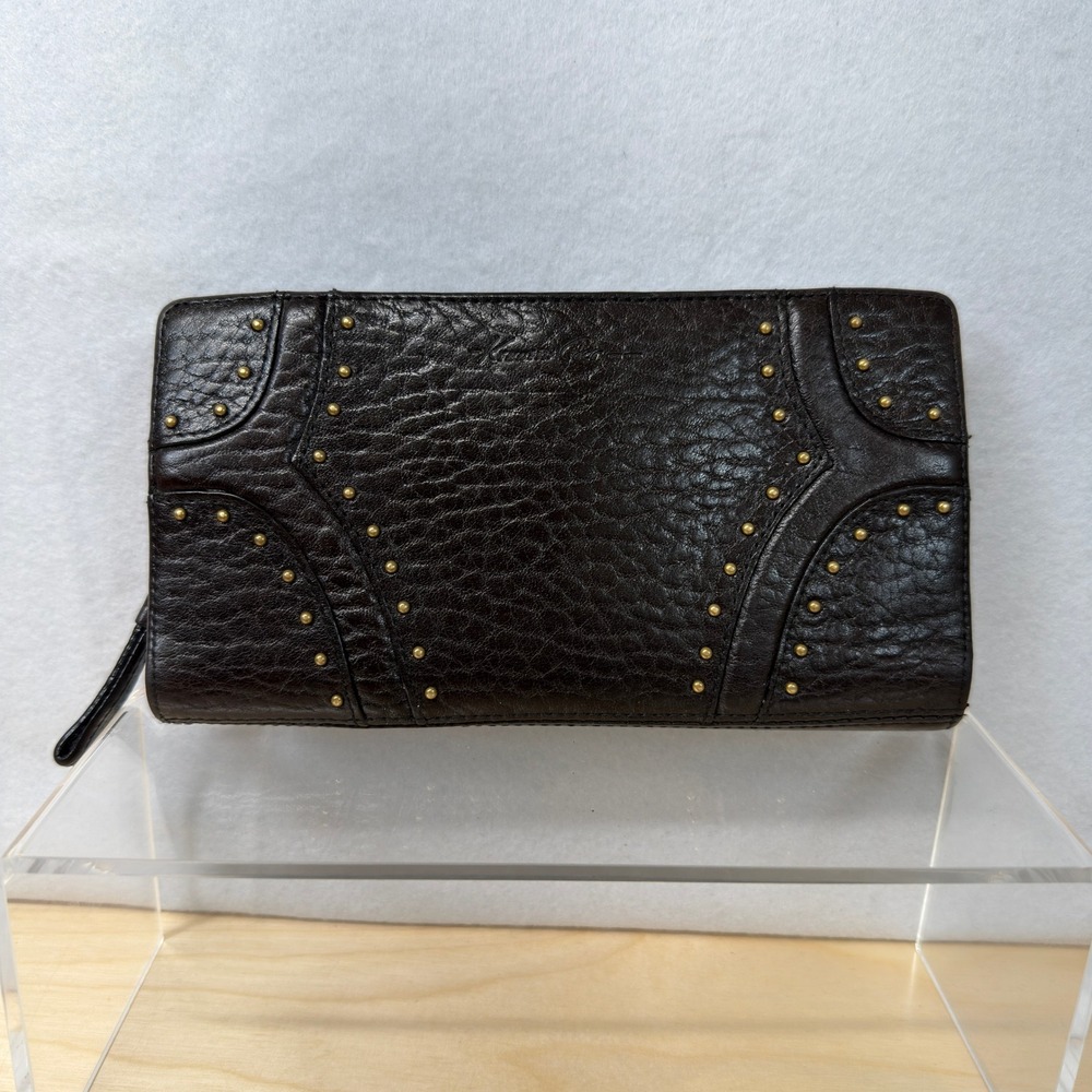 Kenneth Cole New York Brown Pebbled Leather Studded Continental‎ Wallet Clutch
